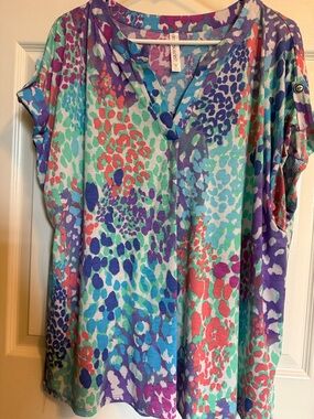 Colorful Printed V-Neck Tunic - Purple Aqua Coral